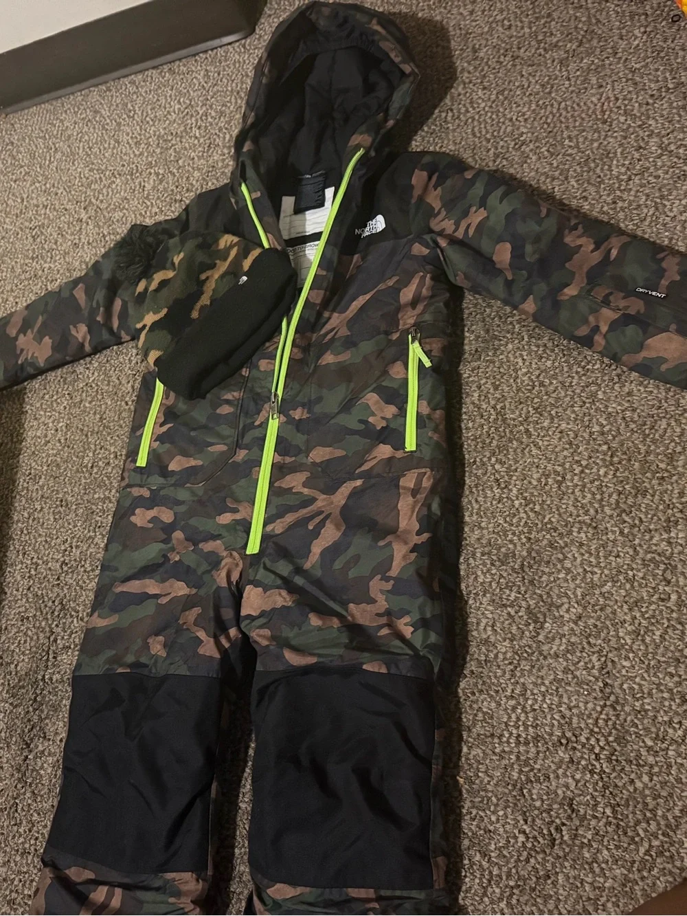 The North Face Kids Camo One-Piece Snowsuit with Neon Green Zippers
